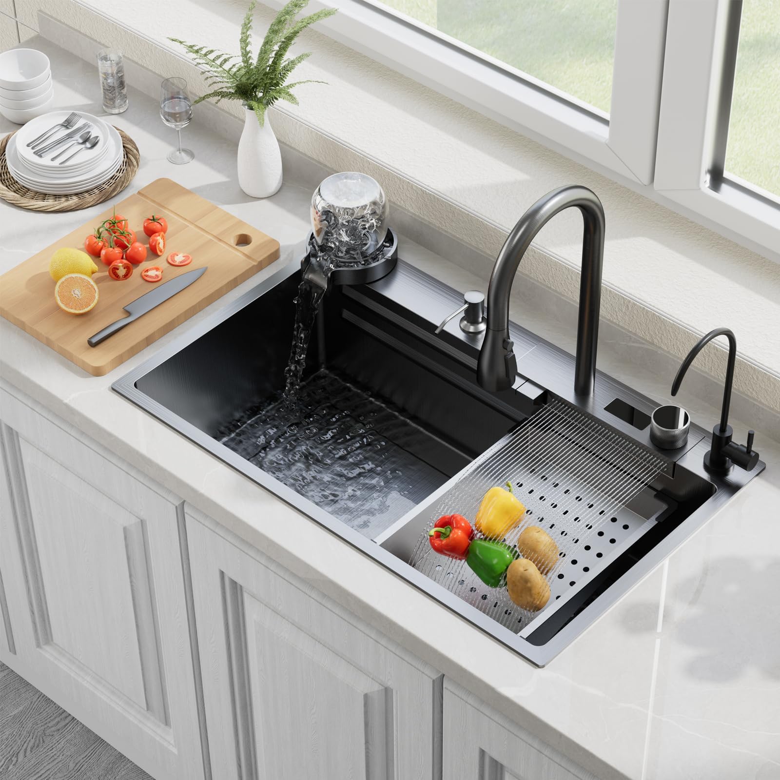Photo 1 of Muiceon Black-Grey Nano Kitchen Sink with Waterfall,29.5x18x9 Inch Deep,Single Bowl Stainless Steel Workstation Kitchen Sink with Digital Display and Faucet Combo Set,Countertop/Drop-in/Undermount