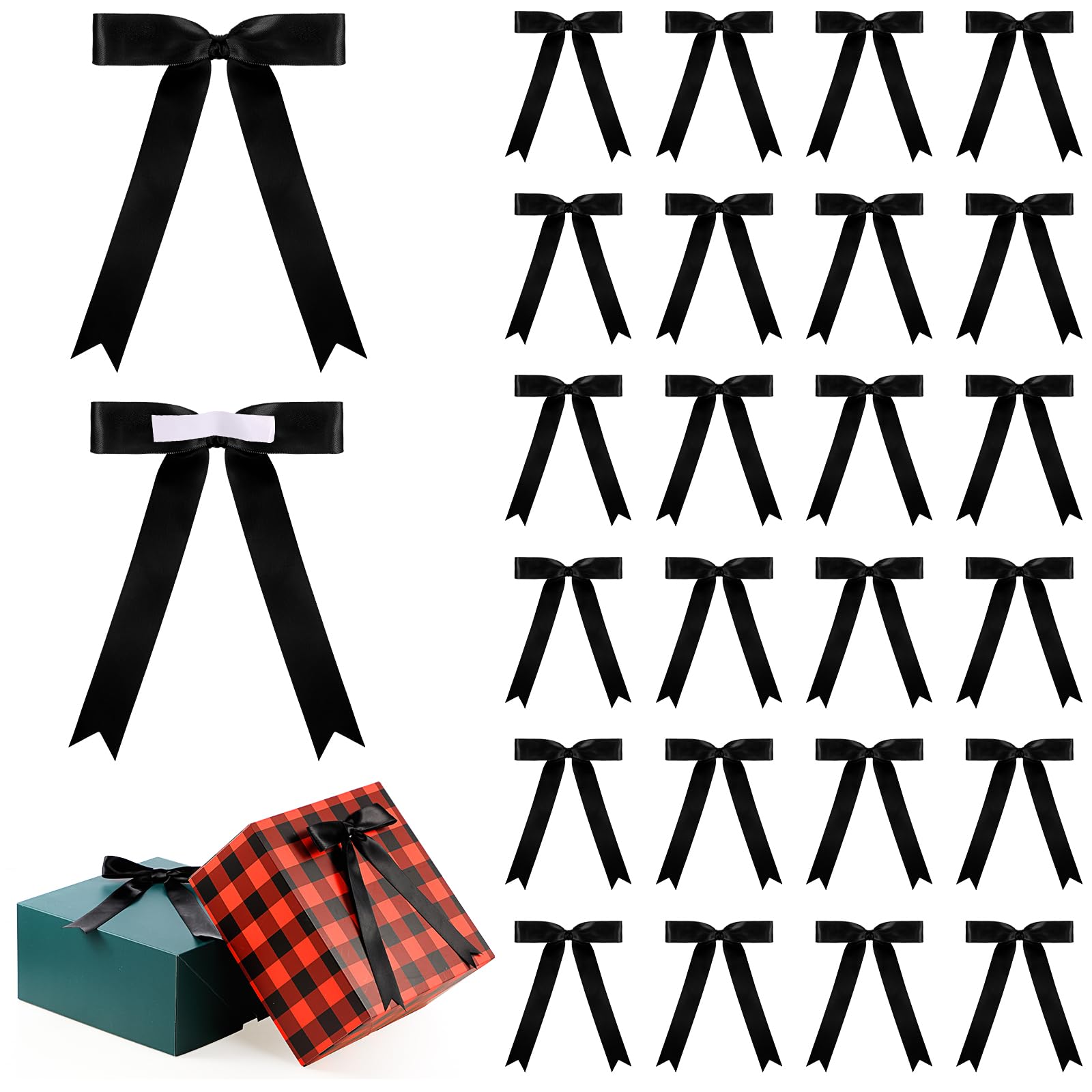 Photo 1 of Riceshoot 24 Pcs Satin Ribbon Bows 5x7'' Self Adhesive Premade Satin Bows with Double Sided Tape for Gift Wrapping Crafts Wedding Christmas Birthday Balloons(Black,1 Inch Wide)