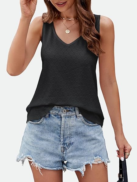 ZANZEA TANK TOP FOR WOMEN EYELET BLACK TANK TOP WOMEN STRAP V NECK SLEEVELESS CASUAL SUMMER 2024 FASHION WOMEN TOP BLACK MEDIUM