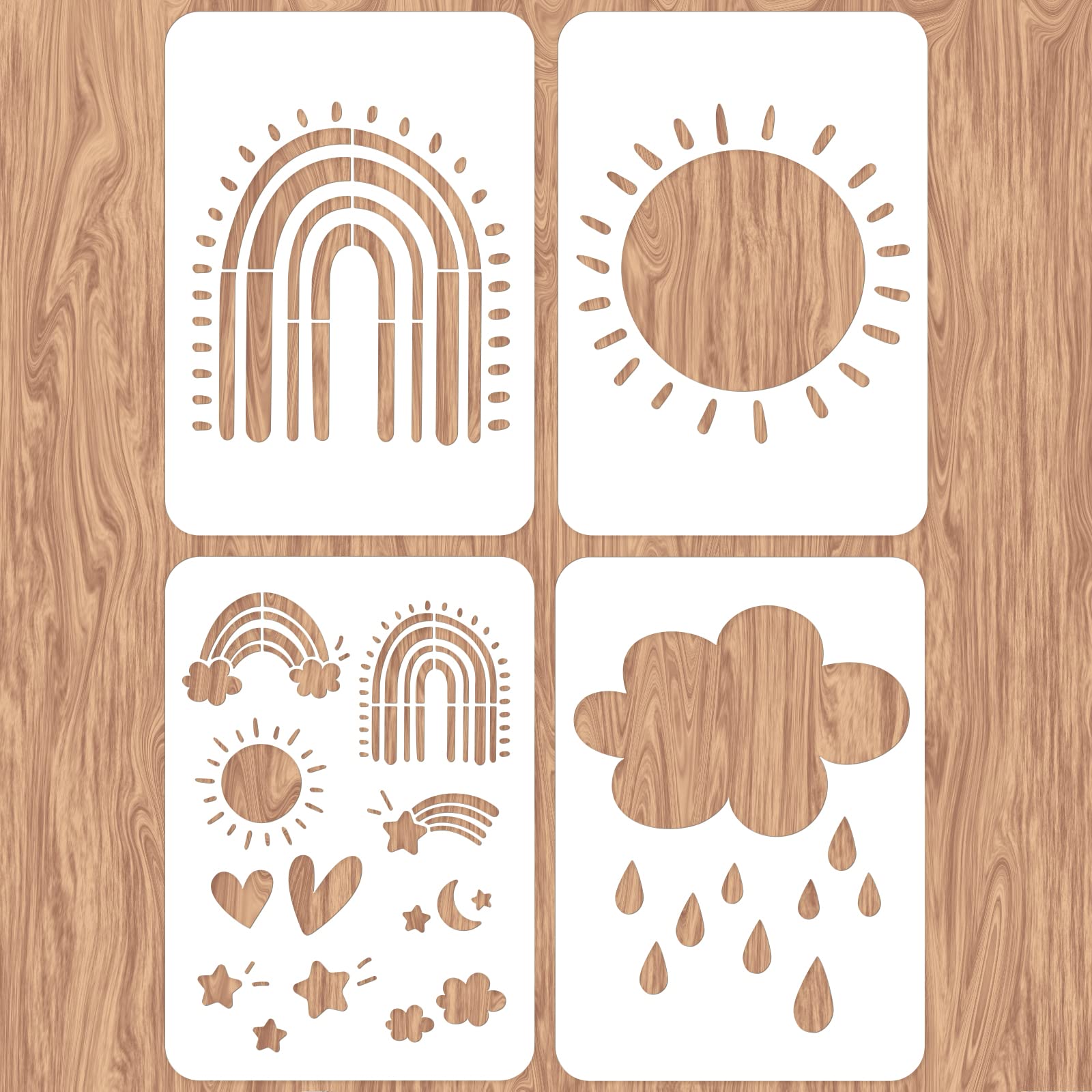 INFUNLY 4pcs Rainbow Wall Stencils for Painting Sun Cloud 11.7x8.3 Tile Stencil Set Reusable Plastic Wall Stencils Template for Painting on Wood Wall Furniture Floor Tiles Fabric DIY Home Decor