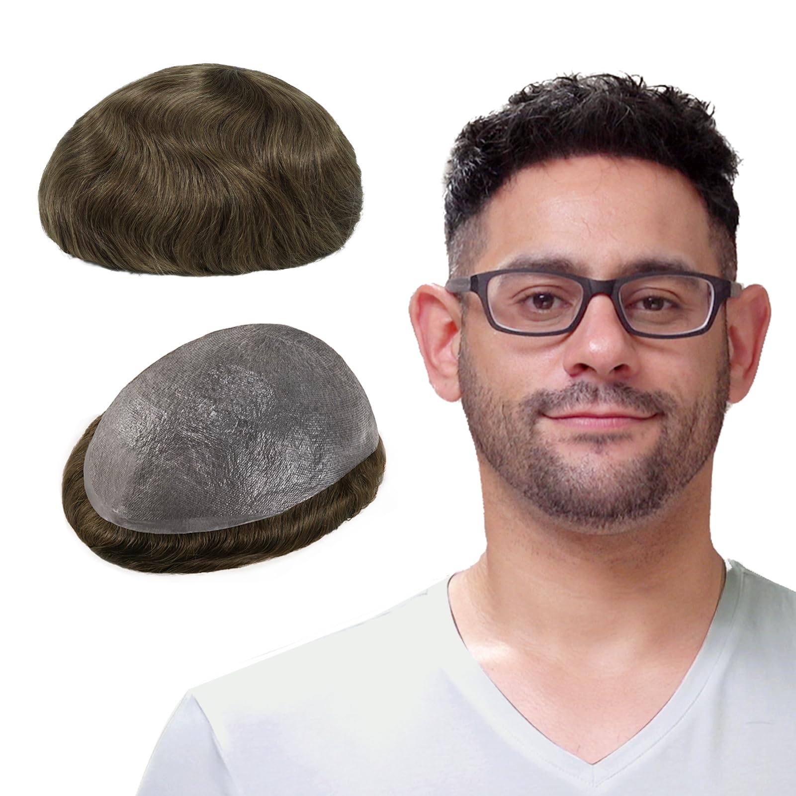 Lordhair Human Hair System for Men, Mens Hair System Mens Toupee 0.03mm Thin Skin Hair Replacement System Base Size 8x10 Inch Light Medium Density Hairpiece