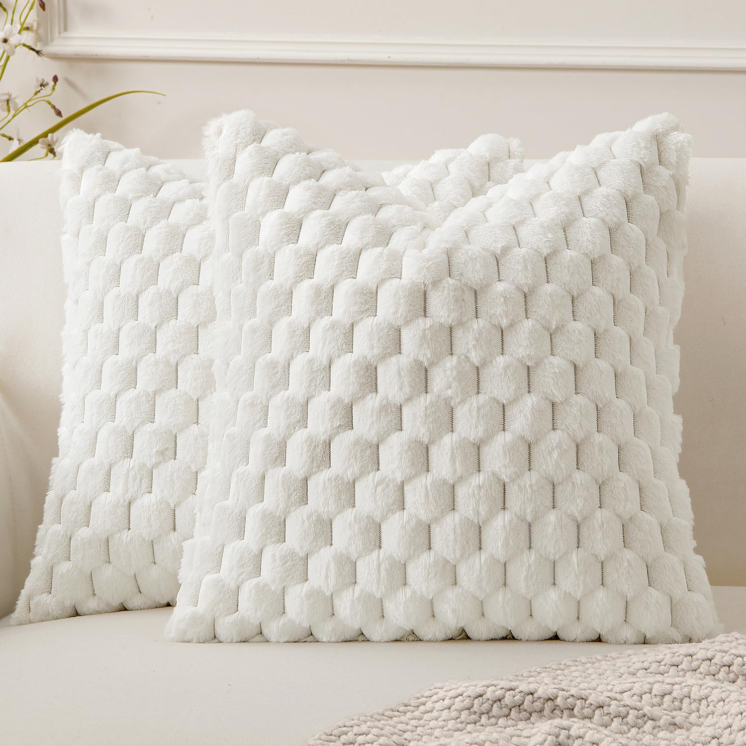 Photo 1 of MIULEE Christmas White Faux Fur Decorative Throw Pillow Covers 18x18 Inch Set of 2 Super Soft Cozy Plush Cushion Cases Luxury Fluffy Pillowcases for Sofa Couch Bed Living Room Winter Decor
