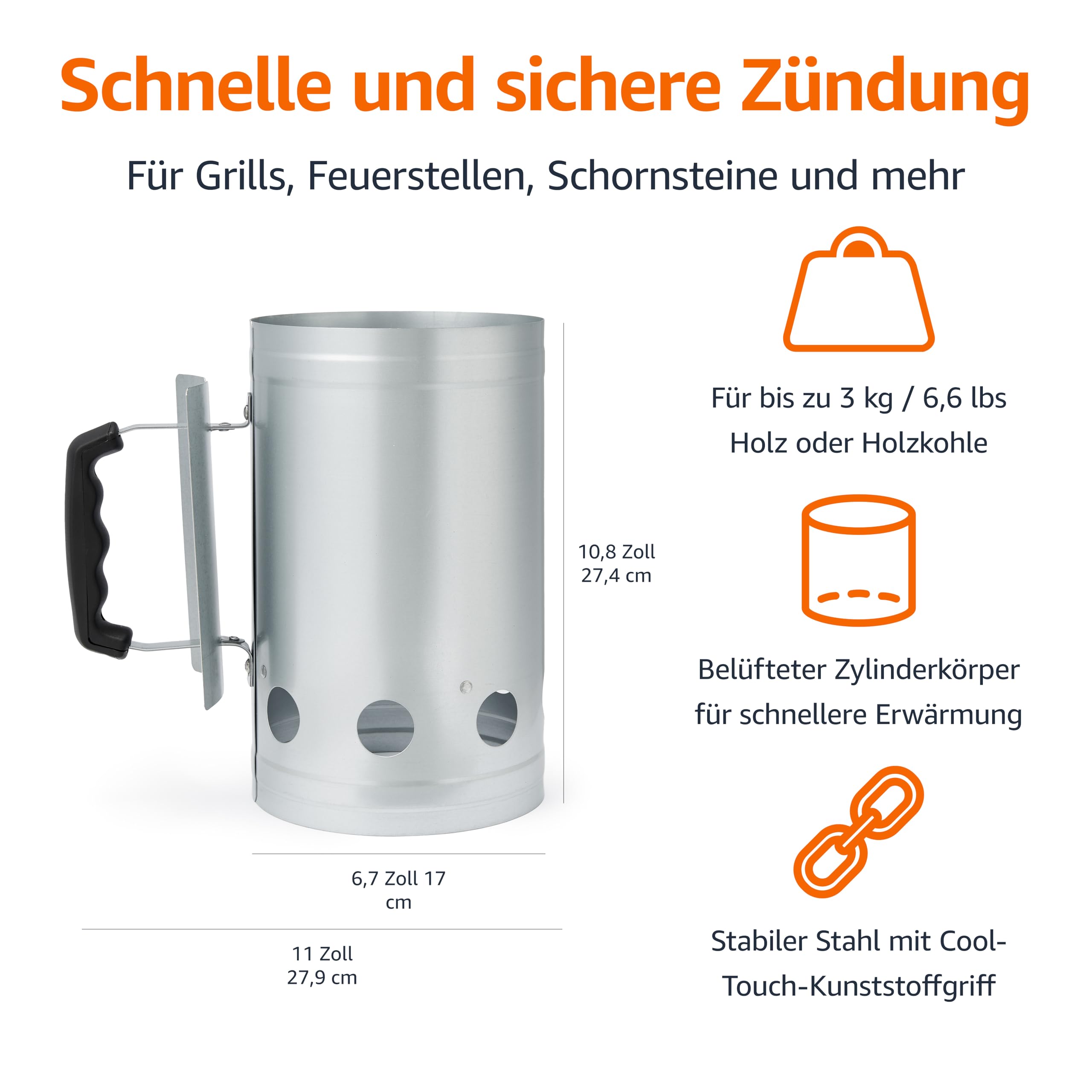 Amazon Basics Anzündkamin aus Verzinktem Stahl, Kohlekamin für Grill und Feuerstellen, Silberfarben 2