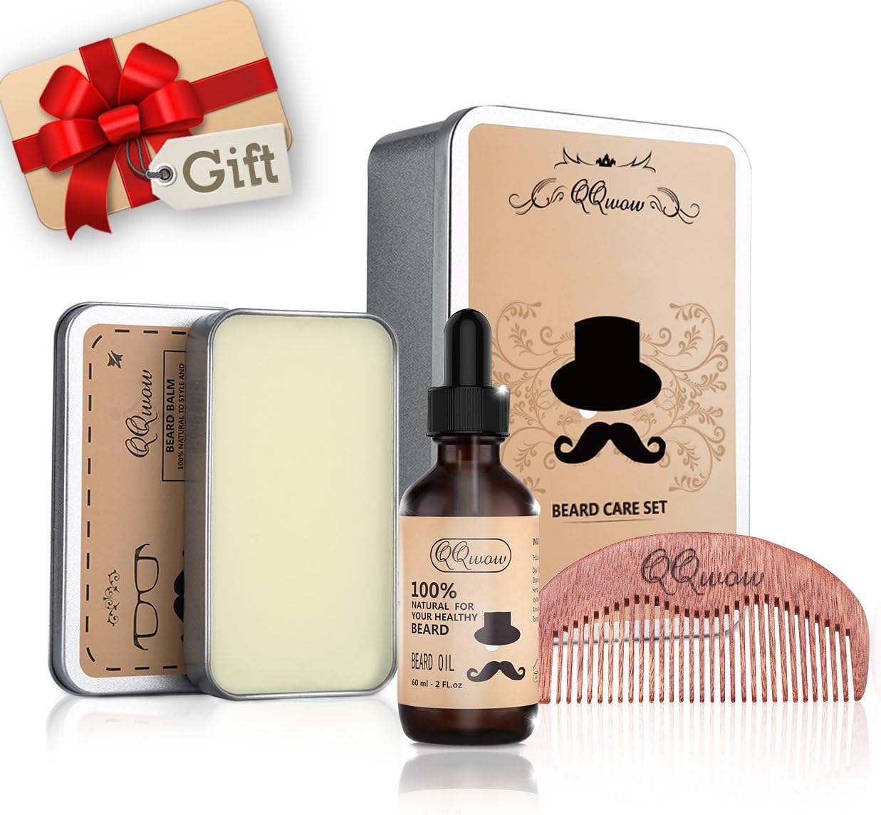 QQwow Beard Kit Best for Mens Grooming and Beard Care,Elegant Gift Set Includes Beard Oil 60ml,Beard Balm 2.82oz,Wooden Comb, 100% Natural Ingredients, Leave-in Conditioner and Softener