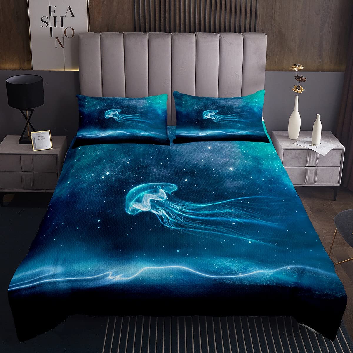 Homemissing Jellyfish Coverlet Set Ocean Quilted Bedspread for Kids Boys Girls Sea Creature Underwater World Starry Sky Quilted Bedspread Single Size