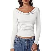 QINSEN Women Cowl Neck Long Sleeve T Shirts Double Lined Tight Fitted Crop Top