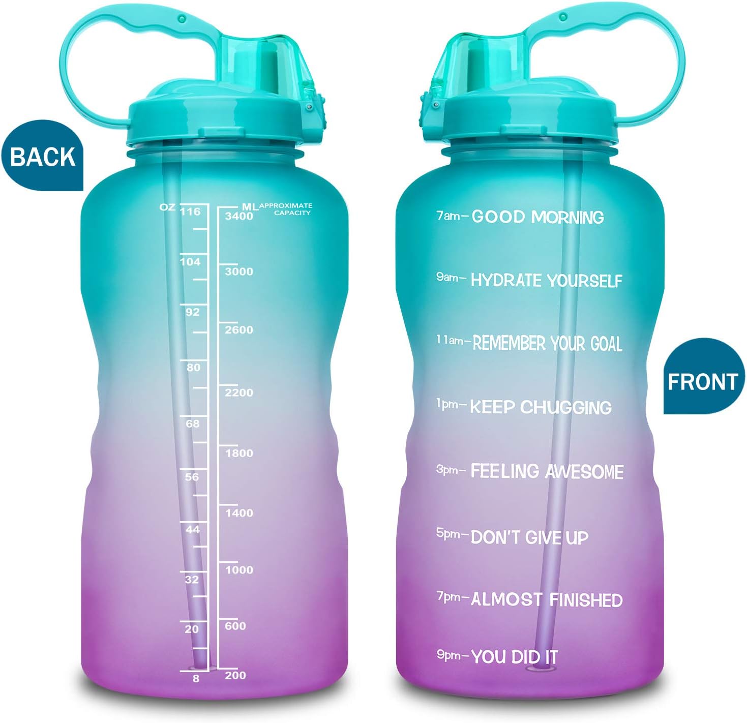 Giotto Large 1 Gallon/128oz (When Full) Motivational Water Bottle with Time Marker & Straw, Leakproof Tritan BPA Free for Fitness, Gym and Outdoor Sports-Green/Pink Gradient : Sports & Outdoors