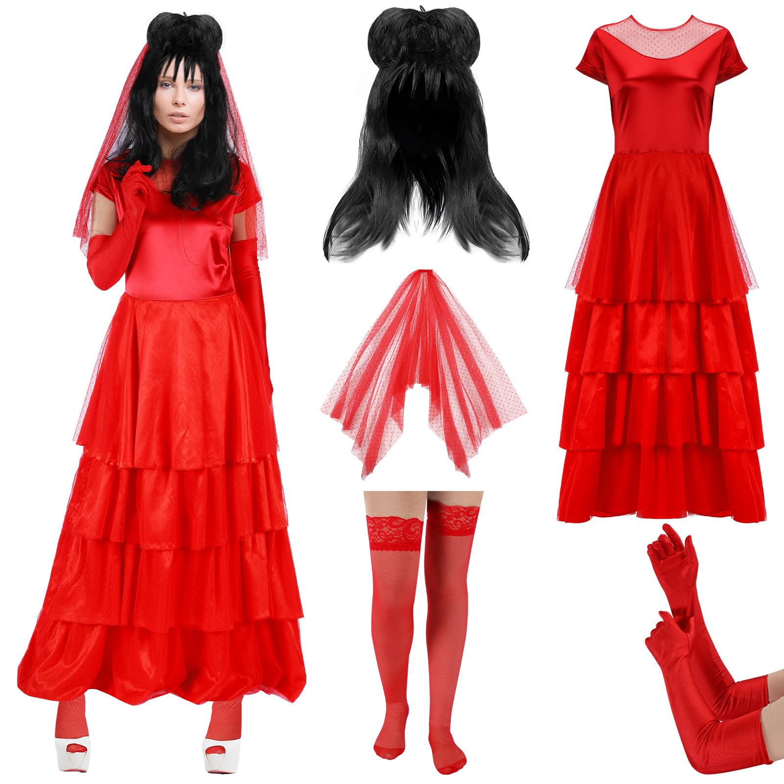 Photo 1 of Tellingyou 5 Pcs Women Bride Costume Adult Red Gothic Wedding Dress with Veil Wig for Halloween Day of Dead(X-Large)