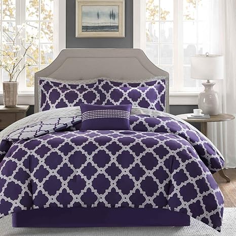 Amazon Com 9 Piece Purple Quatrefoil Pattern Comforter With