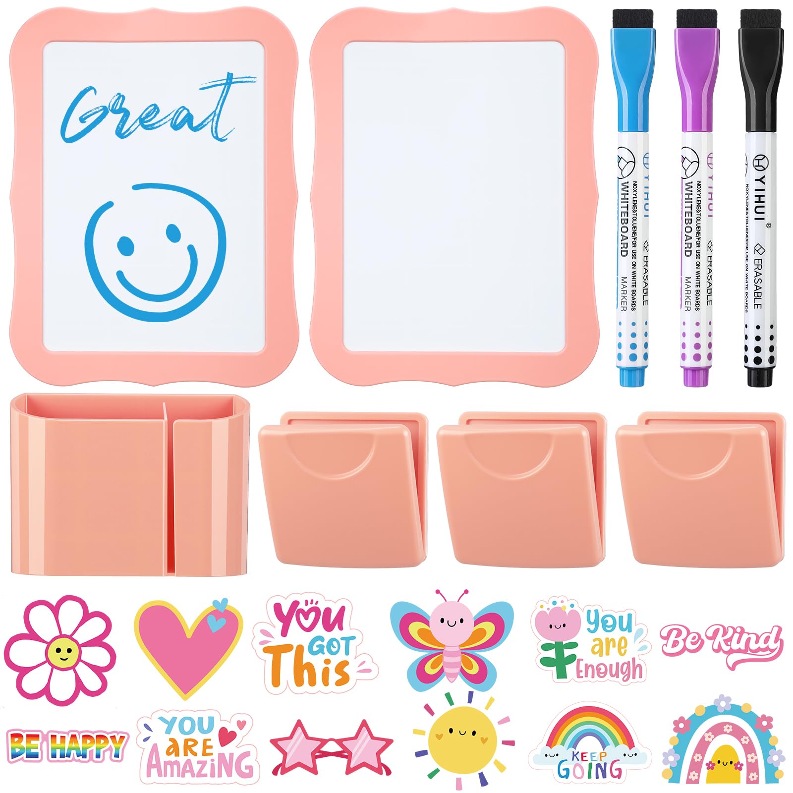Photo 1 of MotiMind Magnetic Pink Locker Accessories Kit Back to School Essentials Locker Organizer and decorations for girls with Whiteboard Mirror Pen Holder Markers Inspirational Magnets Clips