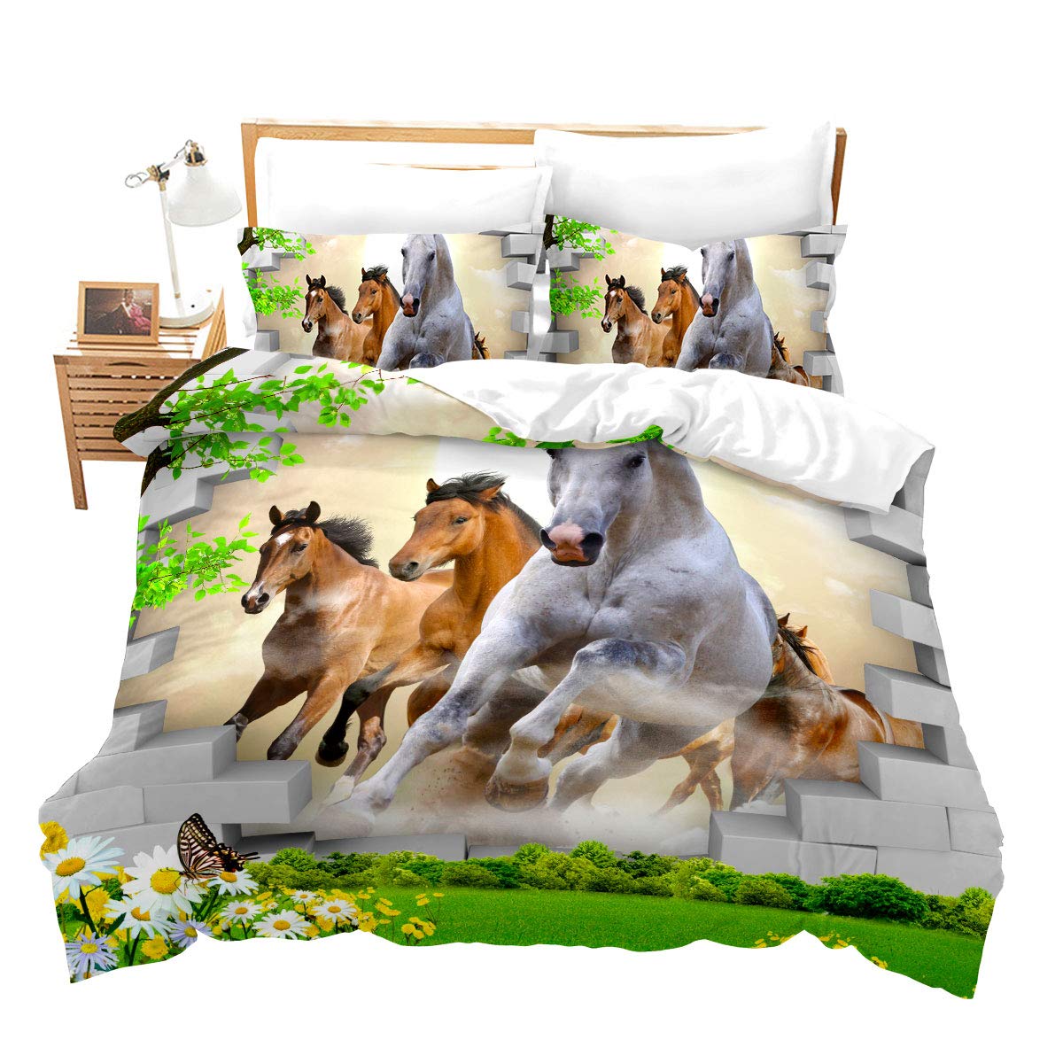 Loussiesd Horse Printed Bedding Set Super King White Brown Horses Duvet Cover Set 3d Animal Theme Comforter Cover 3 Pieces Bedding Exotic Decor Bedspread Cover For Kids Teens Boys Quilt Cover