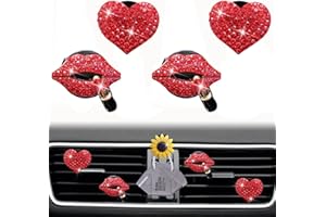 JOWXSX Bling Red Lip Air Vent Clips, 4 Pcs Lips Heart Car Air Fresheners Vents Clips Car Diffuser Diamond Car Interior Decor Charm Car Decoration Cute Car Accessories for Women + Cute Sunflower Mask Hook