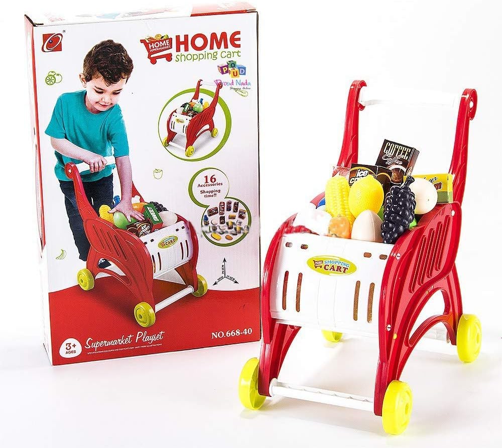 JOY STORIES® Super Market Pretend Play Home Shopping Cart Toy, Fruits Vegetables Food Trolley for Kids, 16 Accessories (Small - Multi Colour)