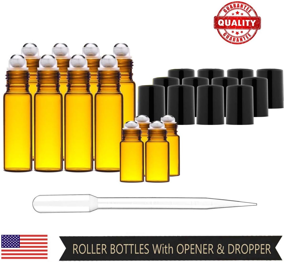 Amber Roller Bottles Roll On Bottles with Steel Roller Balls for Essential Oils, Perfume, Wax, Lip Balm, Deodorant, set of 12, 10ml & 3ml, WITH FREE OPENER & DROPPER