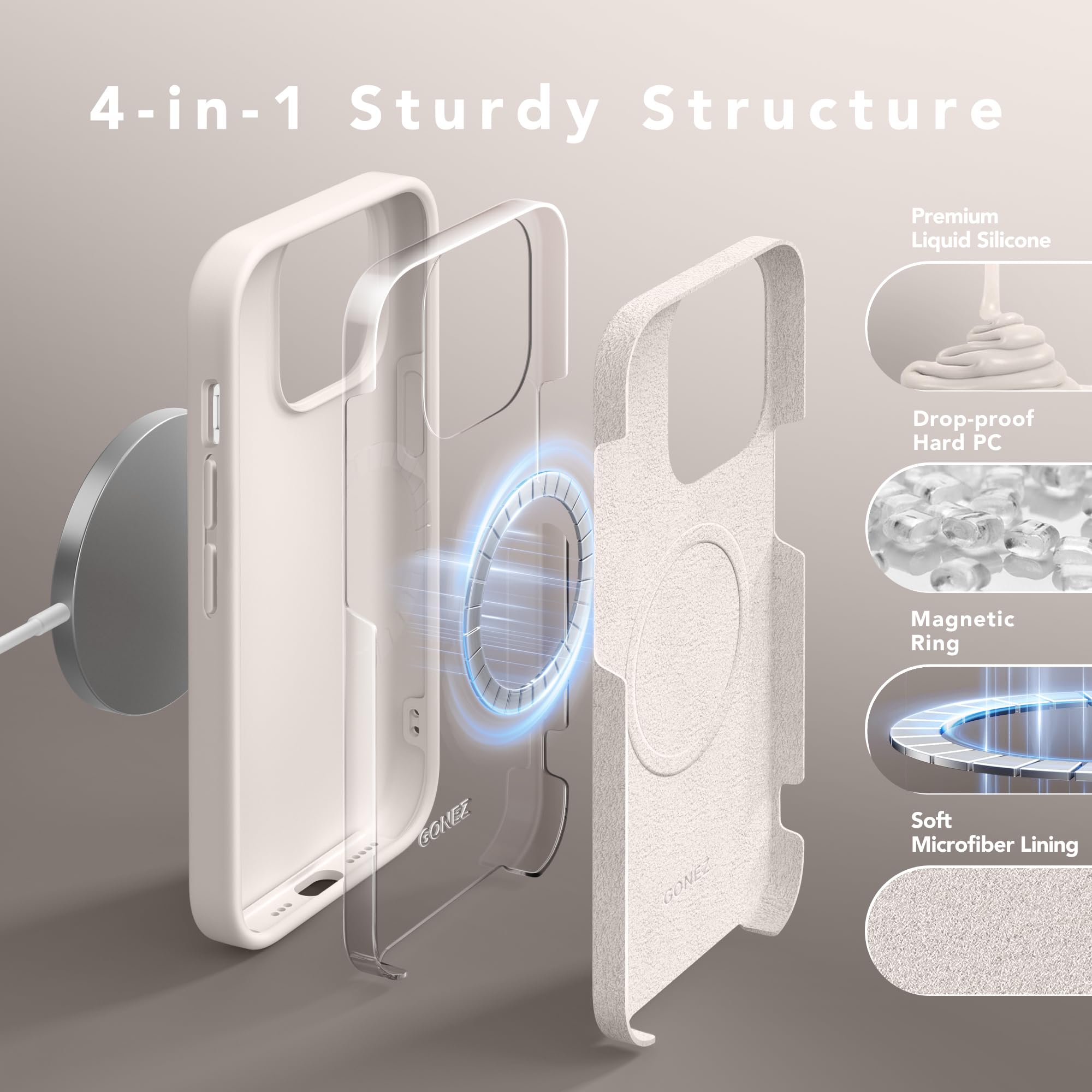 GONEZ for iPhone 14 Pro Case, Compatible with Magsafe, with Screen Protector + Camera Lens Protector, Soft Anti-Scratch Microfiber Lining, Shockproof Liquid Silicone Phone Cover, Stone