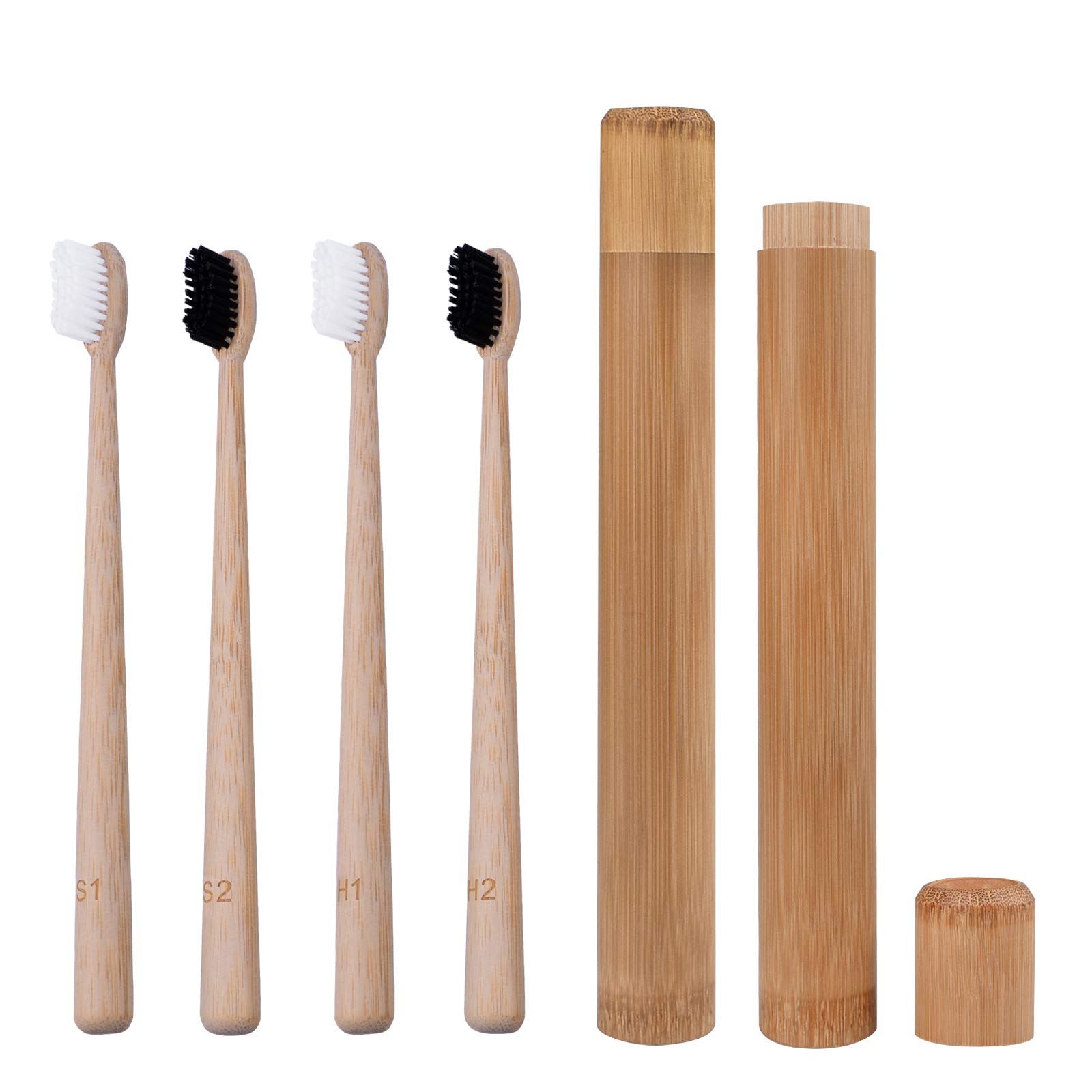 Bonviee Natrual Bamboo Toothbrush with Travel Holder Bamboo Charcoal Toothbrush Set Biodegradable Eco-Friendly with 2 Soft + 2 Hard Medium Charcoal Bristles Wooden Toothbrush for Adult Sensitive Gums