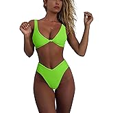 geluboao Bikini Set for Women Solid V Neck Knot Front Push Up High Leg Thong Two Piece Swimsuit