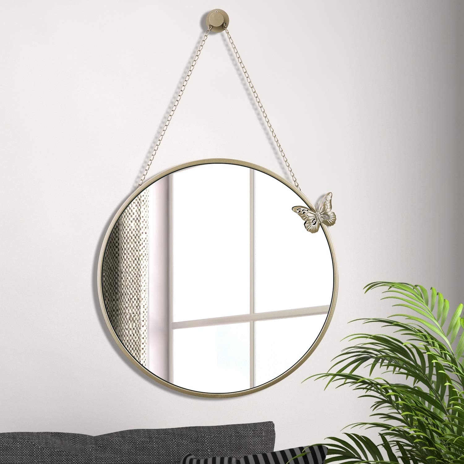 Simmer Stone 20" Round Mirror, Wall Mirror with Removable Hanging Chain