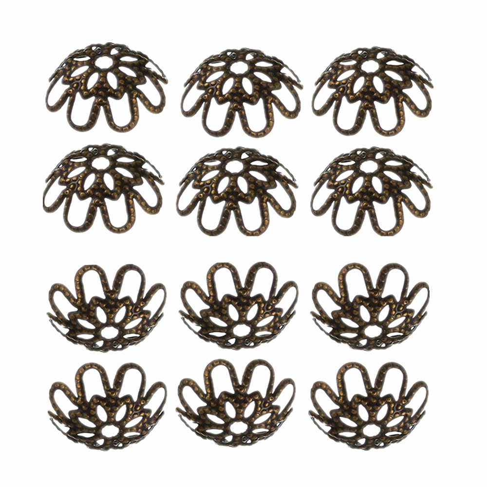 500PCS 10mm Gold Tone Flower Bead Caps Hollow Flower Bead Caps for Jewelry Making (Antique Bronze)