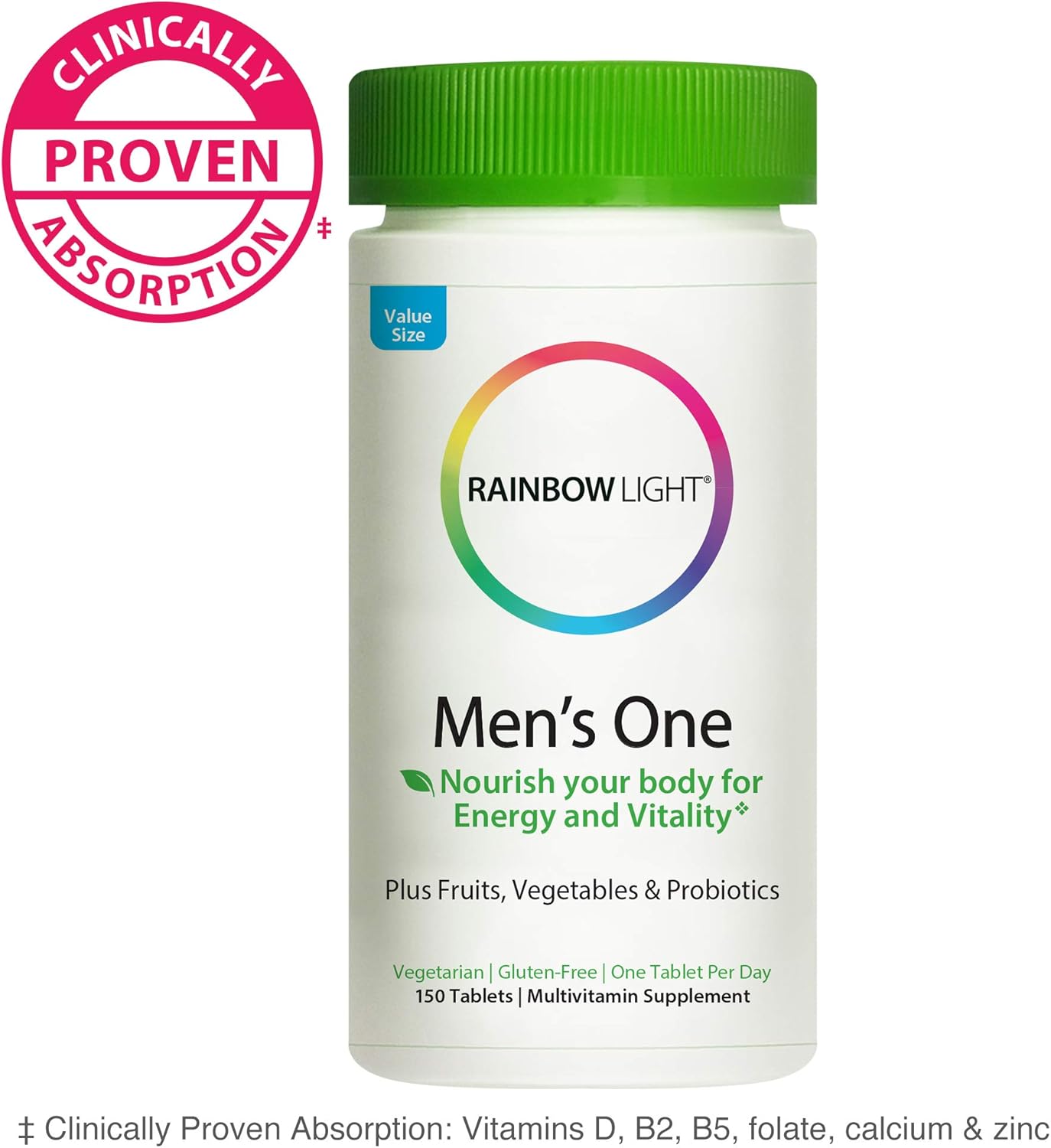 Rainbow Light Men’s One Multivitamin for Men, with Vitamin C, Vitamin D, & Zinc for Immune Support, Clinically Proven Absorption of 6 Key Nutrients, Non-GMO, Vegetarian & Gluten Free, 150 Tablets: Health & Personal Care