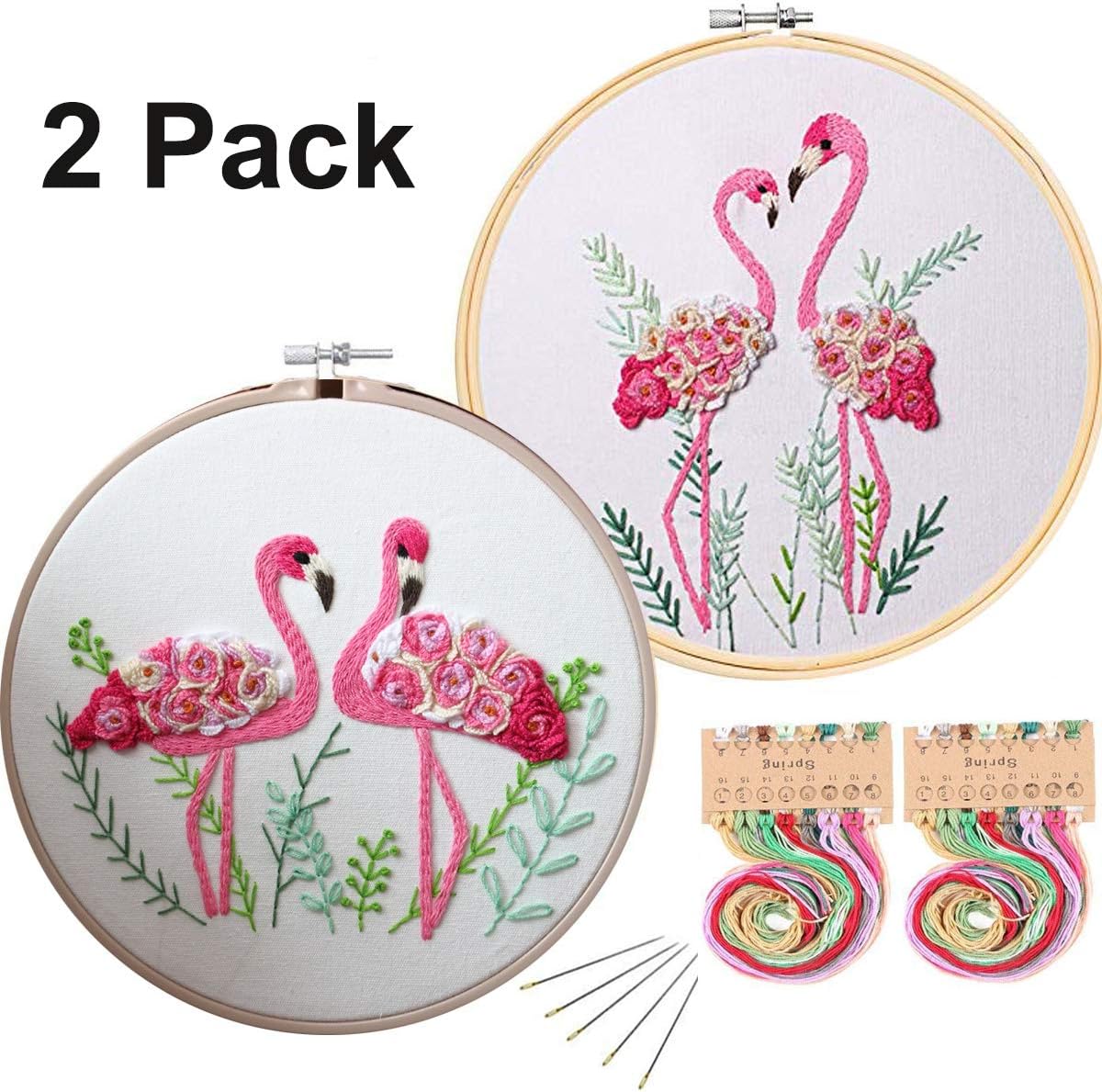 Konrisa Embroidery Kit for Beginners with Flamingo Pattern Floral Stamped Embroidery Starter Kit for Adults Cross Stitch Kit with Embroidery Hoops, Cloth,Needle,Color Thread Tools Kit,Set of 2