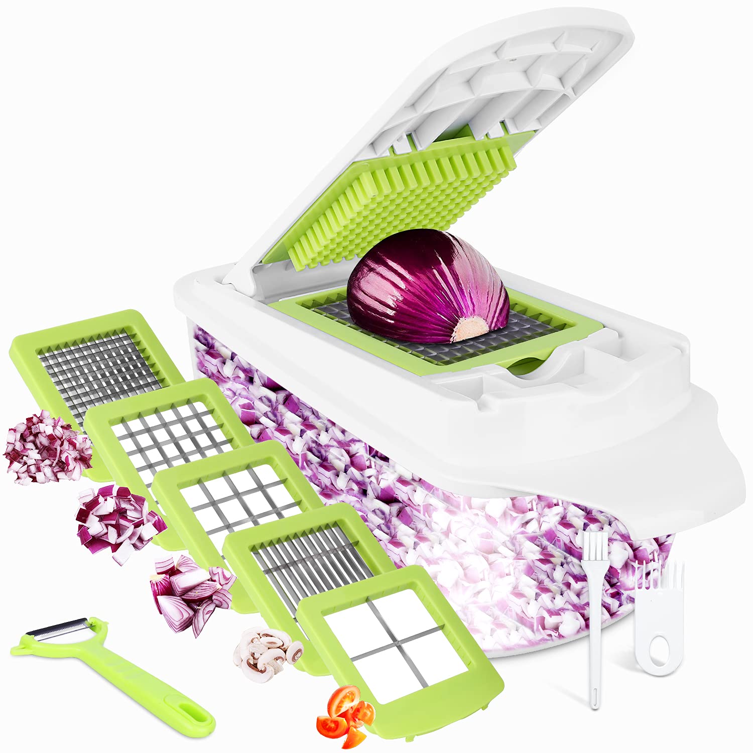 12 in 1 Vegetable Chopper Vegetable Dicer Multifunctional Vegetable Cutter Salad Chopper Onion Chopper Potato Cutter Onion Dicer Veg Dicer Veg Chopper with Container, Peeler, Cleaning Brush
