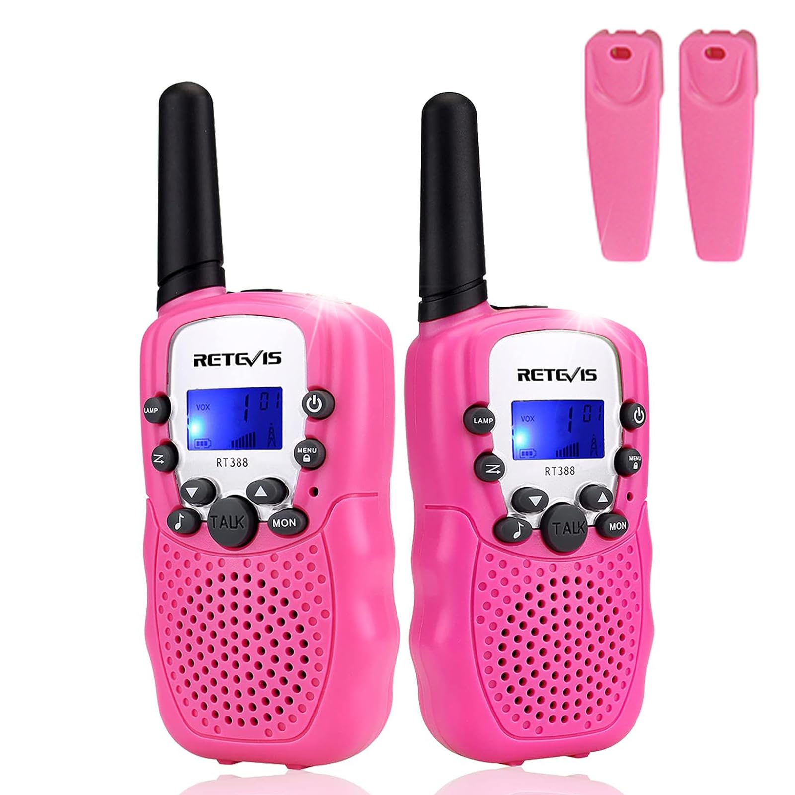 Retevis RT388 Walkie Talkies for Kids, Long Range 8CH Toy Gifts for 3-12 Years Old Boys Girls, with Backlit LCD Flashlight for Camping, Outdoor Adventures, Family Games(1 Pair, Pink)