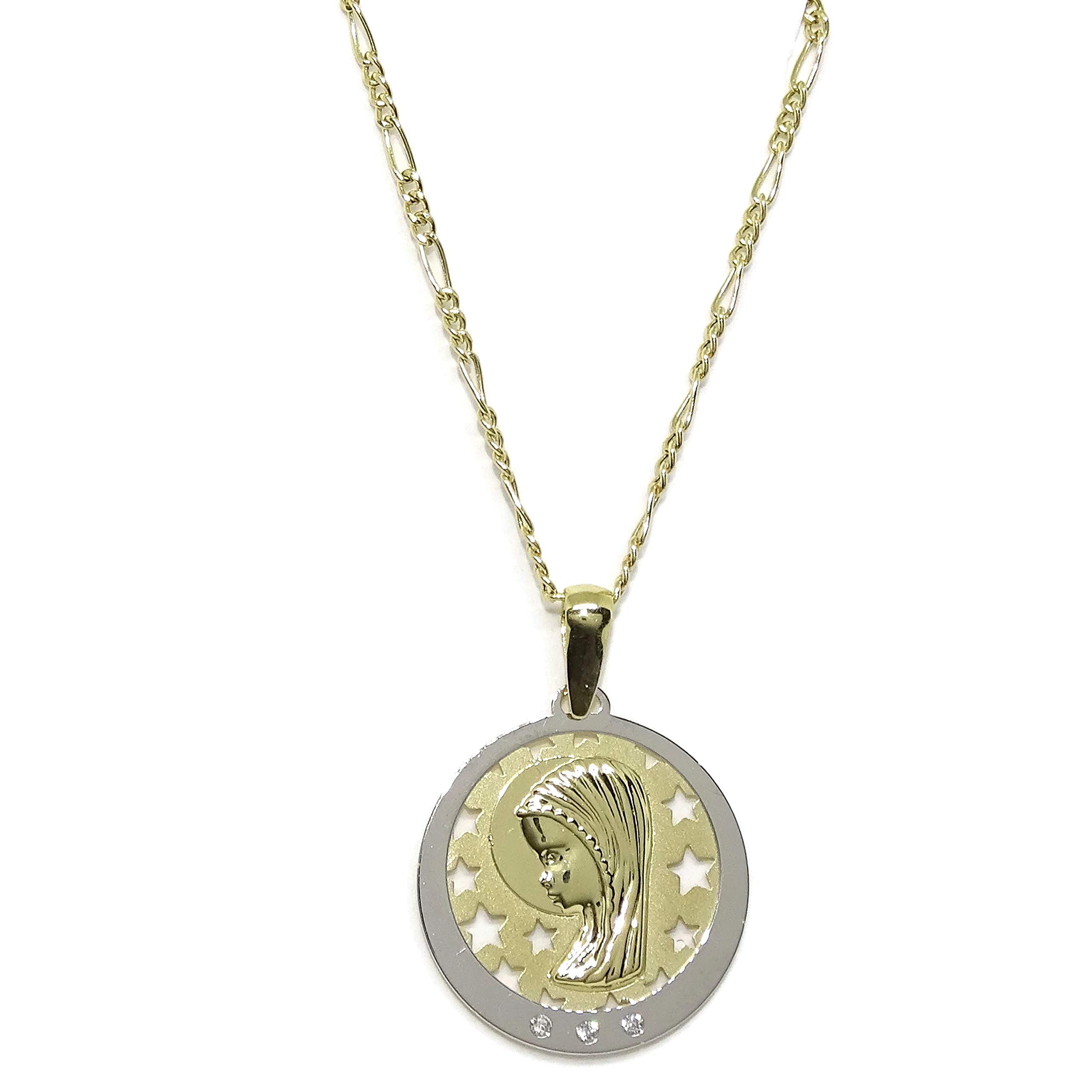 18K Yellow Gold Communion Necklace with 3x1 45cm Long Chain and Virgin Girl Medal in 18K Yellow Gold and White Gold with 3 Zirconia.19mm Diameter