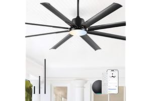 MINISLAK 72 lnch lndustrial Smart Celing Fan with Light and Remote Control via WIFI Alexa,Large Celing Fan with 8 Black Aluminum Blades,6 Speed Noiseless DC Motor,Indoor Outdoor Ceiling Fans for Patio Garage