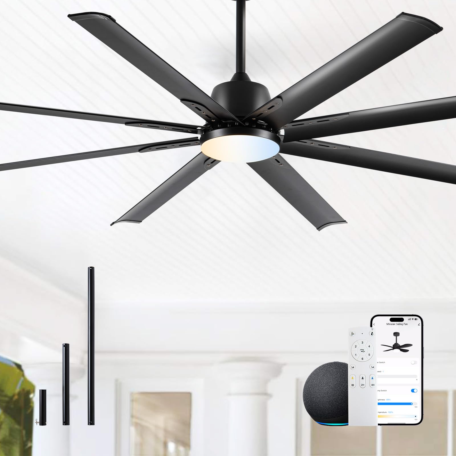 Photo 1 of (used) 72 lnch lndustrial Smart Celing Fan with Light and Remote Control via WIFI Alexa,Large Celing Fan with 8 Black Aluminum Blades,6 Speed 