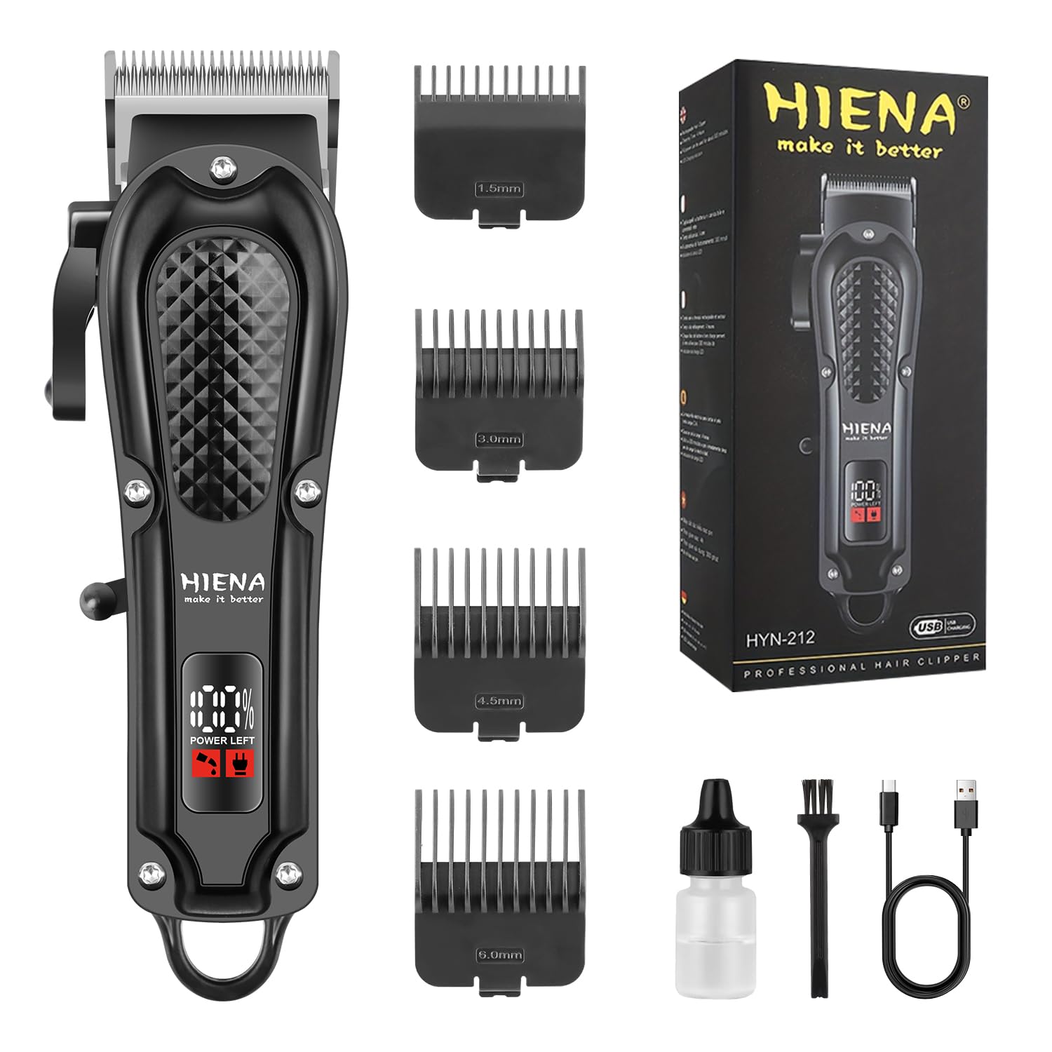 HIENA PRO Professional Hair Clippers for Men, Cordless&Corded Barber Clippers for Hair Cutting, Rechargeable Beard Trimmer, LED Display, Gifts for Men (Black)