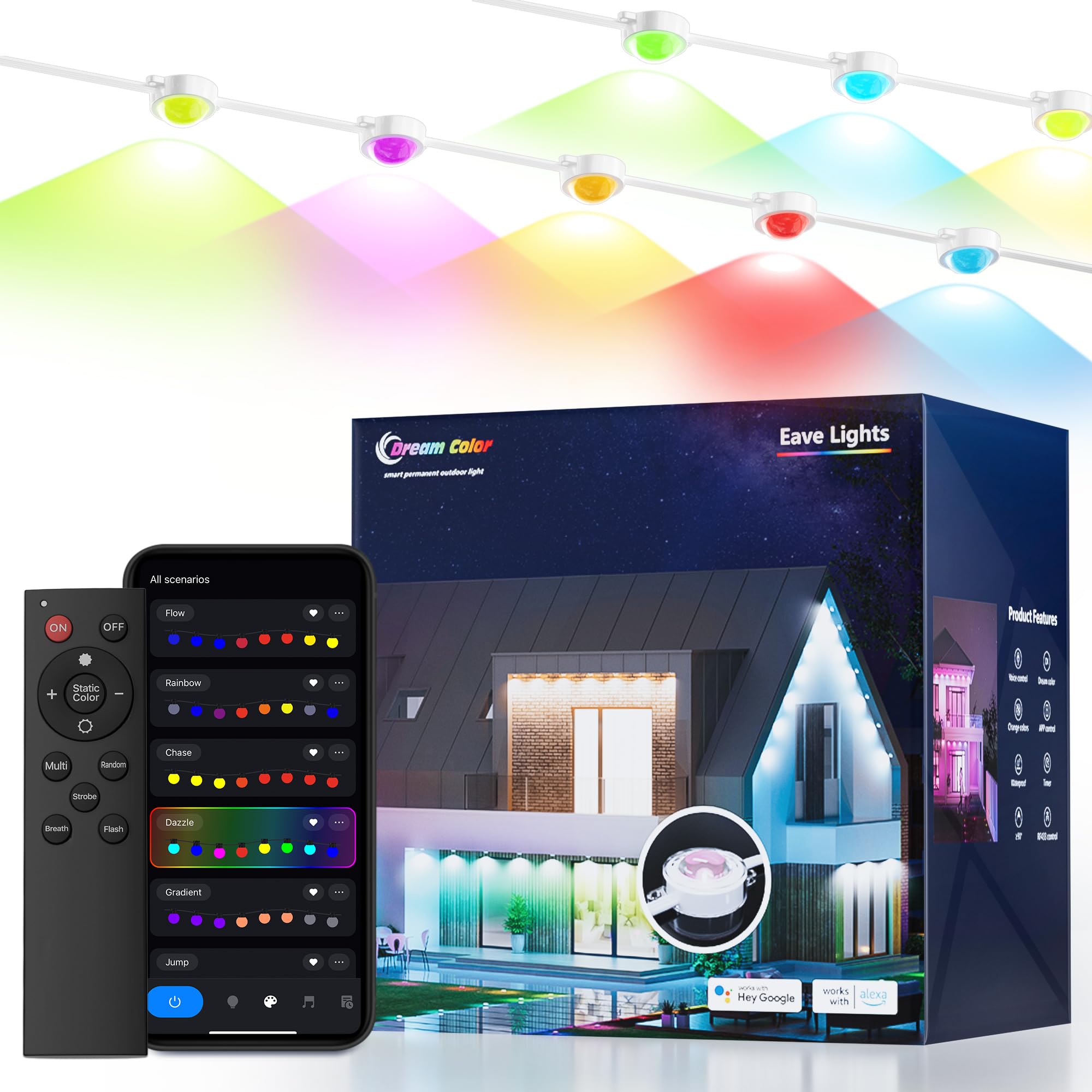 Lphinax Permanent Outdoor Lights, 100ft with 80 LED Lights, Smart APP/Voice/Remote Control, IP67 Waterproof for House, Works with Alexa, Google Assistant