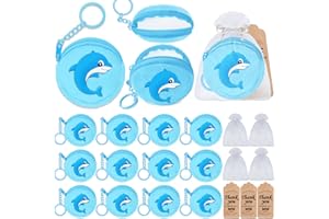 Elecrainbow 36 Pack Dolphin Change Purses Set Include 12 Dolphin Wallets with Keyring, 12 Thank You Tags and 12 Organza Bags for Dolphin Ocean Sea Animals Under the Sea Party Supplies,Blue