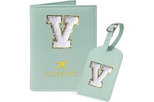 COSHAYSOO Green Passport Cover and Initial Luggage Tag Set TSA Approved with Preppy Chenille Letter Patch for Women Girl Friends, Trendy Travel Bag Backpack Suitcase Identifier Personalized Gifts (V)