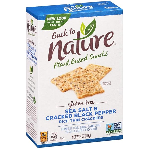 BACK TO NATURE GLUTEN FREE CRACKERS, SEA SALT & CRACKED BLACK PEPPER RICE THINS – DAIRY FREE, NON-GMO, MADE WITH WHOLE GRAIN BROWN RICE FLOUR, DELICIOUS & QUALITY SNACKS, 4 OUNCE​