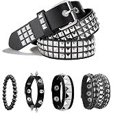 KHRYPTXH 6Pcs Y2K Belt and Studded Bracelets Set, Black Punk Studded Belts | with Adjustable Emo Rock Cuff Bracelet, Spiked Bracelets Goth Grunge Rivet Accessories for Women Men