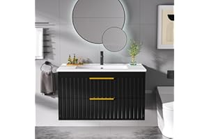 Buytime 30" Bathroom Vanity with Sink, Floating Vanity Bathroom Sink Cabinet Wall Mount, Soft-Close Function 2 Large Drawers, Grooved Stripe Design, Hidden Damping Drawers (Black)