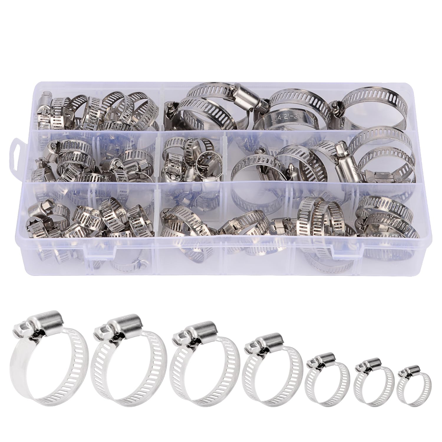 stonylab Hose Clamp Set, 60 pcs Adjustable 304 Stainless Steel 6-38 mm Worm-Drive Gear Type Hose Clamp Assortment Set with Storage Box