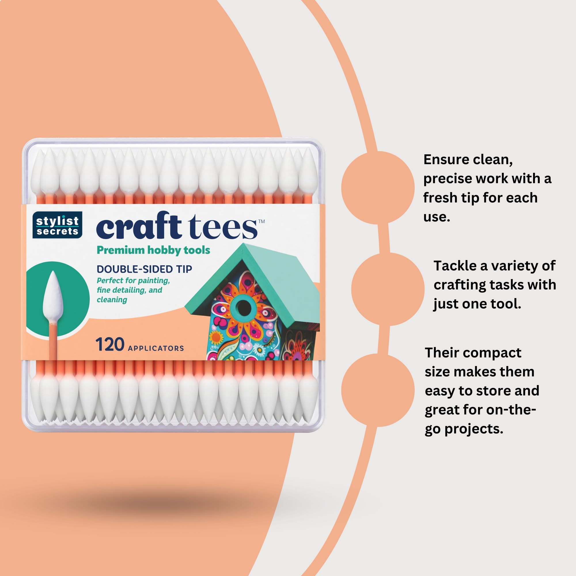 Classic Craft Tees - Double Sided Pointed Swabs - Precision Tip - for Painting, Fine Detailing, & Cleaning - Multifunctional for Your Craft Needs - 120 Cotton Tips - 3 Pack