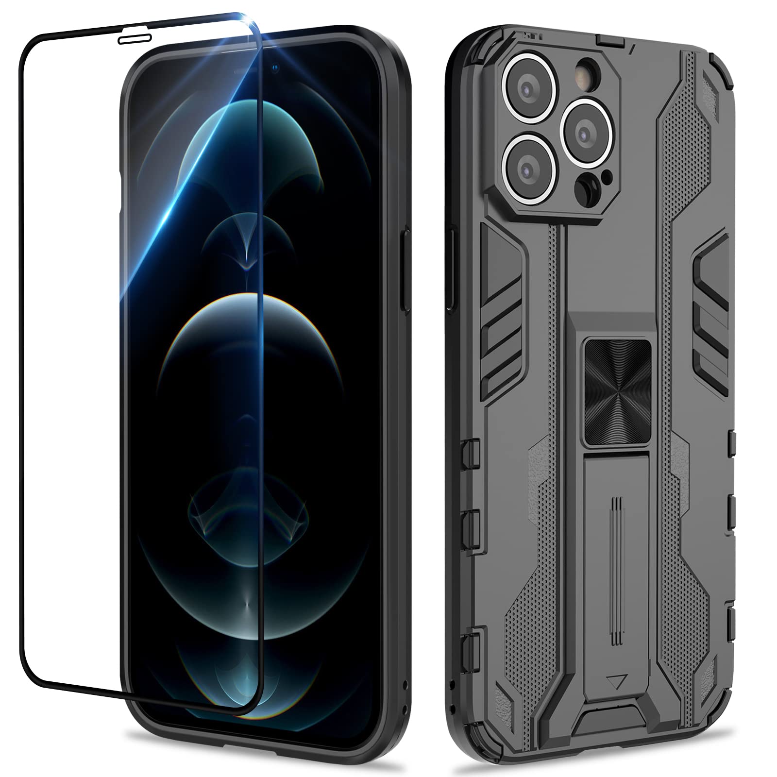 Btstring Case for iPhone 12 Pro Max and Screen Protector Tempered Glass, Heavy Duty Shockproof Tough Armour Case with Stand Protective Personalised Phone Cover - Black — image 1