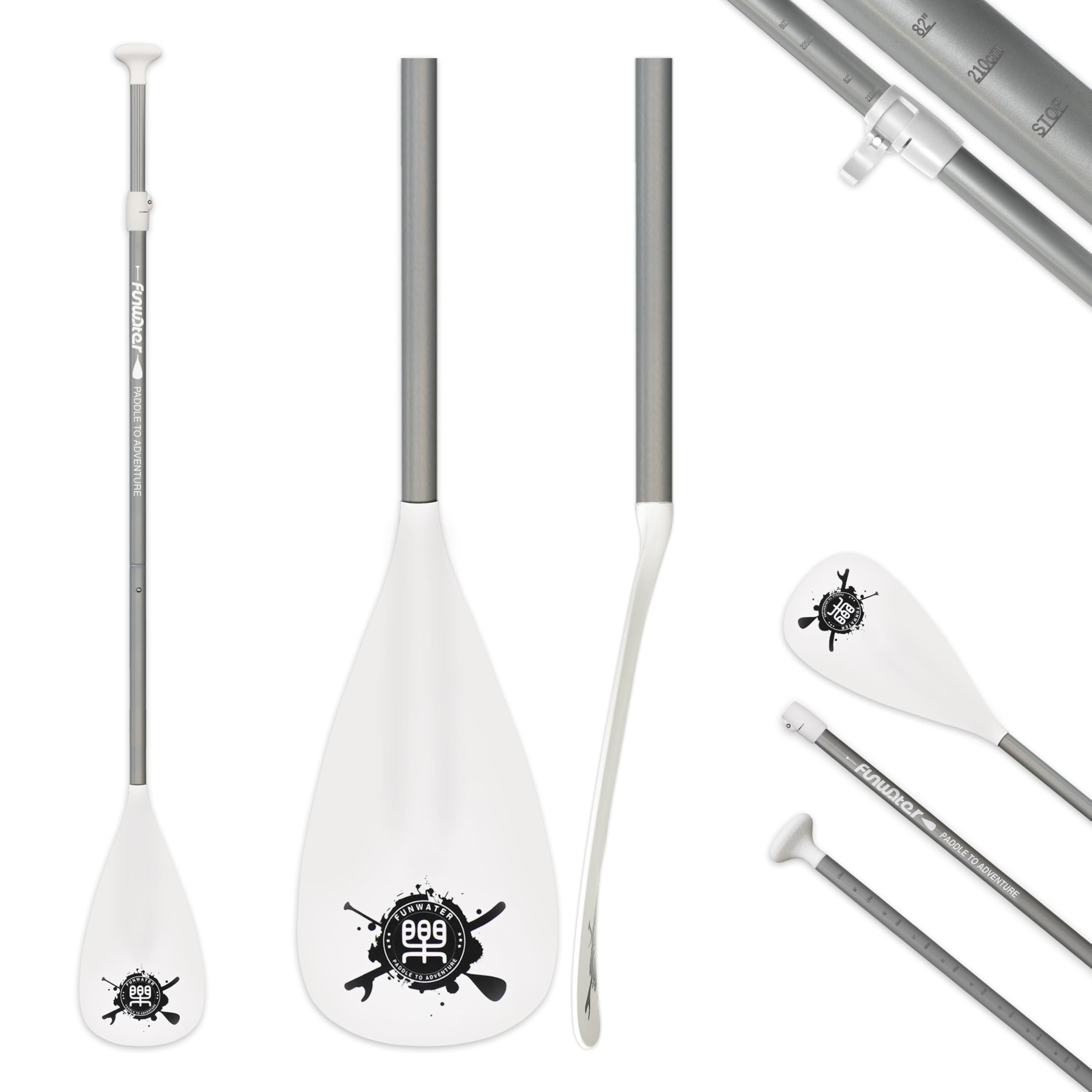 FunWater SUP Paddles - Adjustable Stand Up Paddle 3 Piece Floating Alloy Portable Paddle Board Paddles - Lightweight & Floating oars - Durable and Packable - Efficient Padding- White