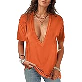 UNCLECAT Womens Deep V-Neck T Shirts Sexy Short Sleeve Tops Summer Oversized Tee