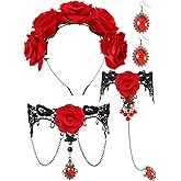 BOARDFEB 4 Pcs Day of the Dead Costume, Day of the Dead Flower Headpiece Lace Choker Black Lace Hand Harness Gemstone Earrings for Women Cosplay Party