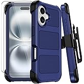 for iPhone 16 Case with Belt Clip Holster & Kickstand,Military Grade Drop Tested Shockproof Heavy Duty Rugged Cover,w/2X Screen Protectors Defender Bumper Protective Cases for Apple 16 (Blue)