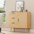 KFO Storage Cabinet, Rattan Sideboard with 3 Drawers & Door, Wooden Buffet Cabinet for Living Room, Dining Room, Hallway, Kitchen, Entryway