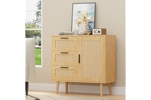 KFO Storage Cabinet, Rattan Sideboard with 3 Drawers & Door, Wooden Buffet Cabinet for Living Room, Dining Room, Hallway, Kitchen, Entryway