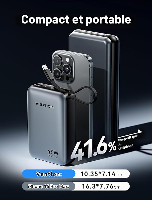 Mini Power Bank 45 W 20 000 mAh avec câble USB-C intégré, Chargeur Rapide PD/PPS, Batterie Externe de téléphone Portable avec écran LED pour iPhone 16/15/14, Galaxy S25/S24, iPad, Ordinateur