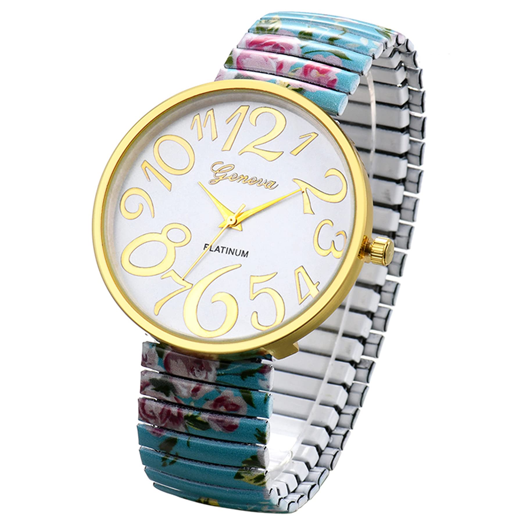 Avaner Women's Elastic Strap Watches: Ladies Easy Reader Floral Printed Stretch Band Big Number Analog Quartz Bangle Wrist Watch