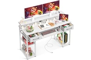 ODK 48 inch Computer Office Desk with USB Charging Port and Keyboard Tray, Writing Desk with 2 Drawers and Monitor Stand, Study Table with CPU Stand and Removable Shelf for Storage, White