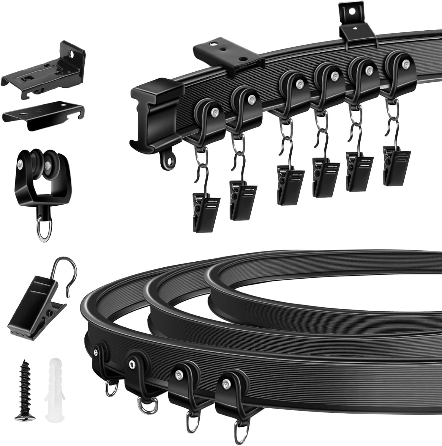 Bendable Curtain Track for Bay Window, Flexible Curtain Rail Wall Ceiling Mounted 3.65Meter/12Ft Heavy Duty Plastic Curtain Track System for Bed RV Room Divider, Curtain Tracks and Fittings, Black — image 1